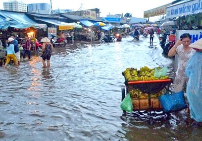 Floodwaters inundate An Duong Vuong Street in Binh Tan District (Photo: SGGP) Floodwaters inundate An Duong Vuong Street in Binh Tan District (Photo: SGGP)